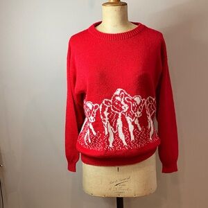 Vintage Cow Knit Sweater | Red Graphic | Whimsical Cozy